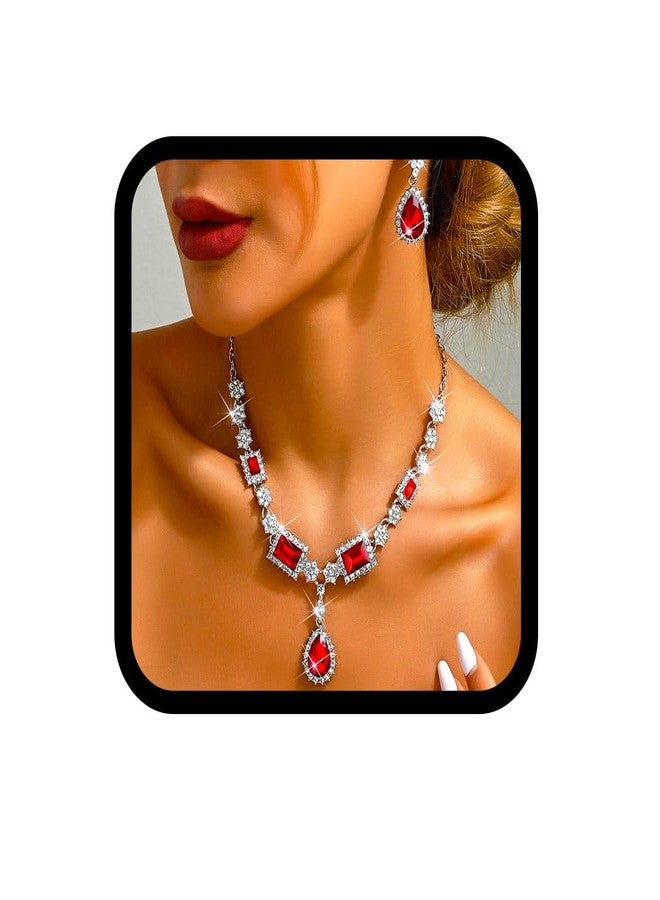 TWINKLEDE Red Rhinestone Necklace Jewelry Set Prom Necklace and Earring Accessories for Women (Red, One size) - Image 1